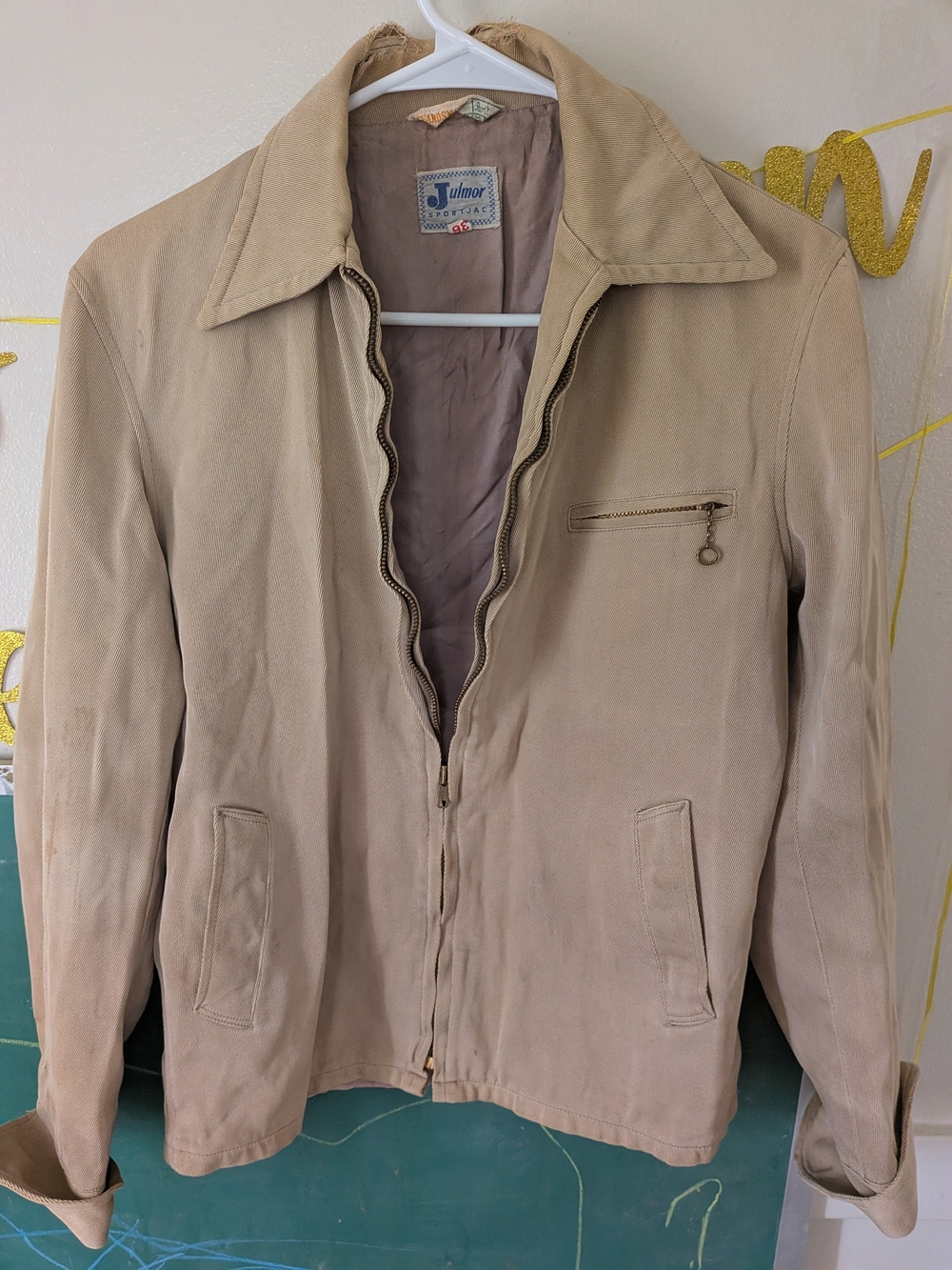 1940s 50s Authentic Vintage Men's Beige Zip-Front Jacket 36 Small